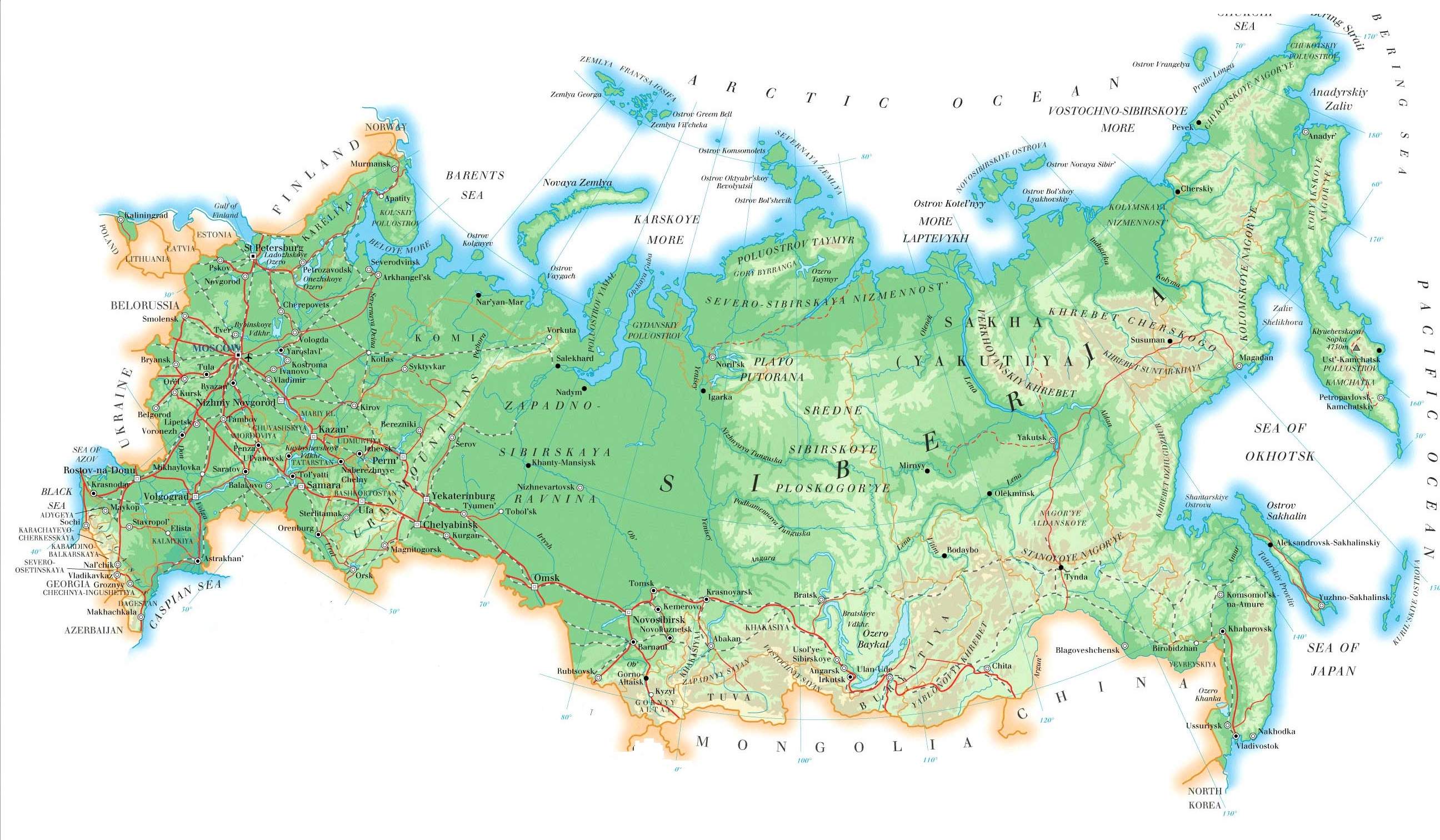 Карта России географическая крупная с реками